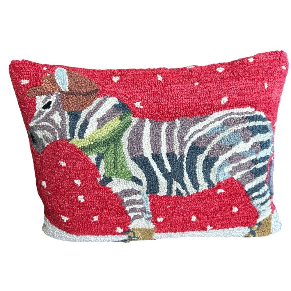 Zebra Winter Wonderland Grandin Road Christmas Hooked Wool Pillow w Insert